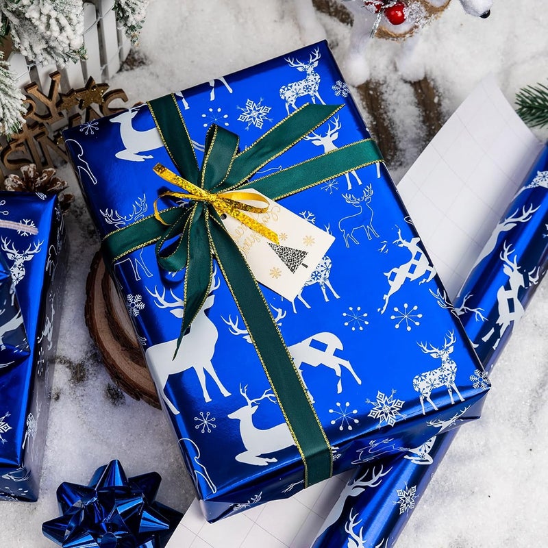 MAYPLUSS Christmas Wrapping Paper Roll - Mini Roll - 17.3 Inch X 32.8 Feet - Christmas Blue Elk Design (47.3 sq.ft.ttl) - Image 2